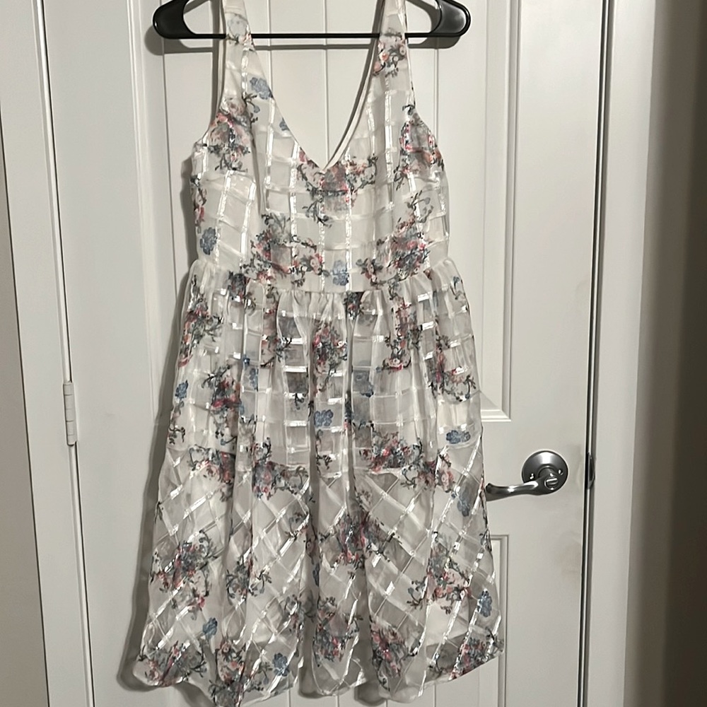 Maeve floral windowpane dress with sheer overlay